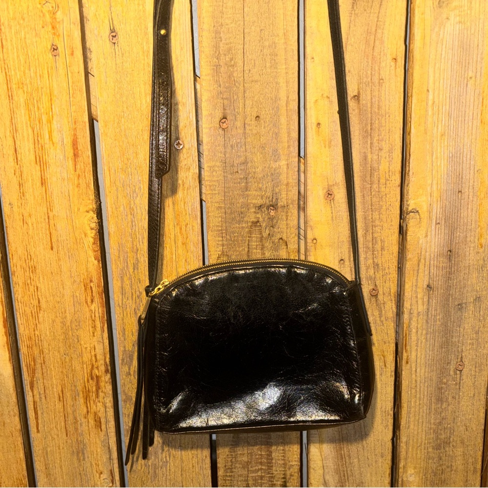 Hobo Black Leather Crossbody Bag with Gold Accents